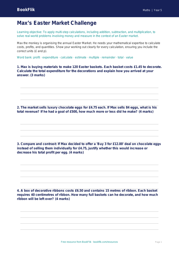 Free Easter Maths Template | Year 5 Greater Depth | BookFlik worksheet preview — Maths Easter Maths