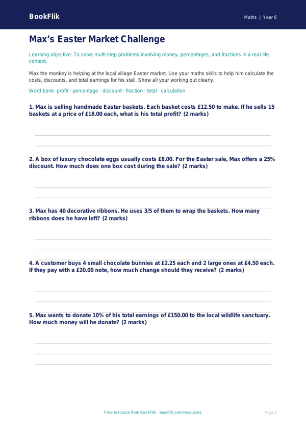 Free Easter Maths Activity Sheet | Year 6 Core | BookFlik worksheet preview — Maths Easter Maths