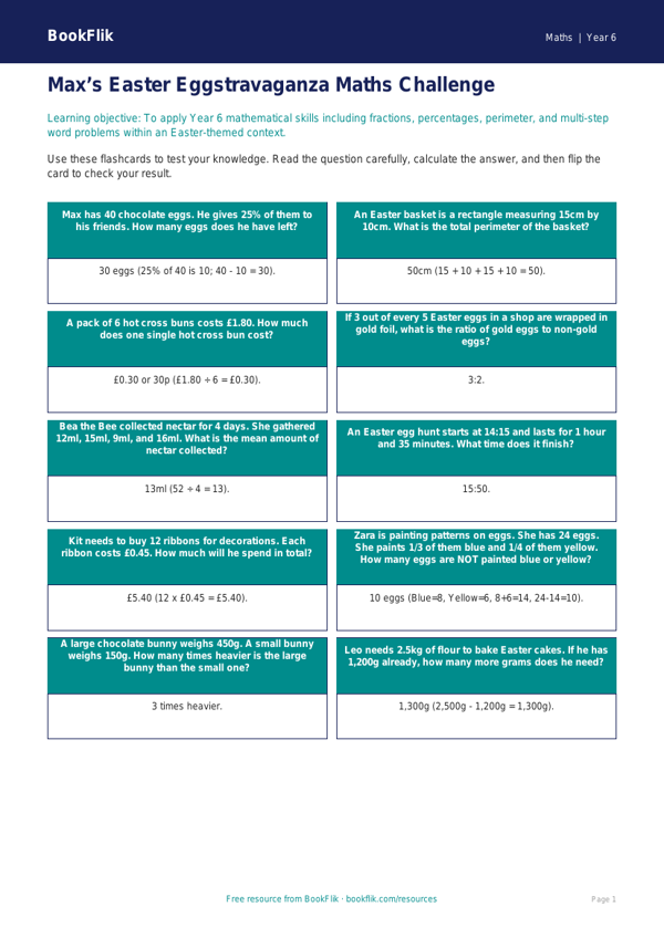 Free Easter Maths Flashcards | Year 6 Core | BookFlik worksheet preview — Maths Easter Maths