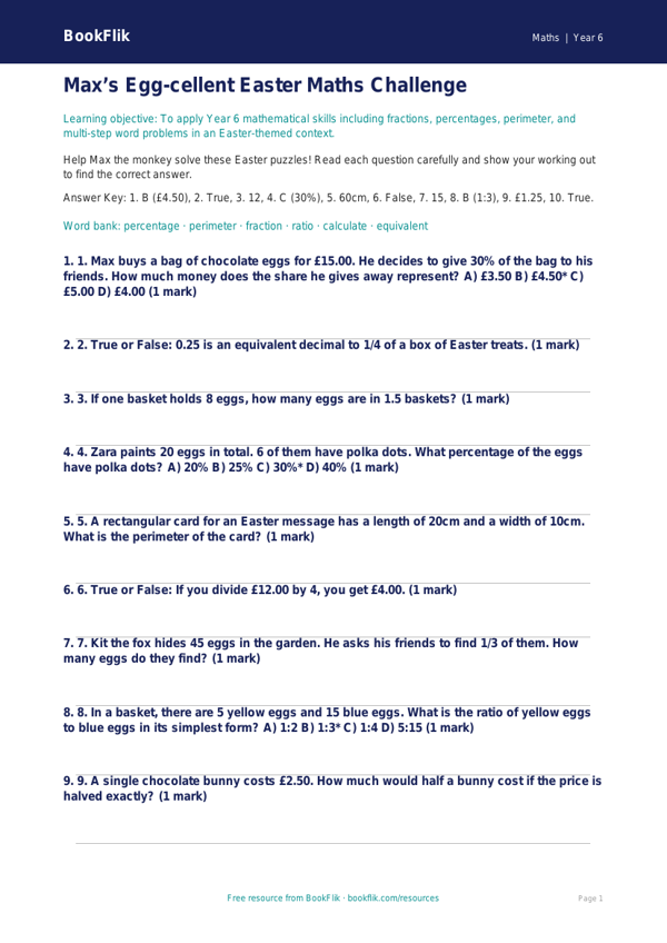 Free Easter Maths Quiz | Year 6 Core | BookFlik worksheet preview — Maths Easter Maths
