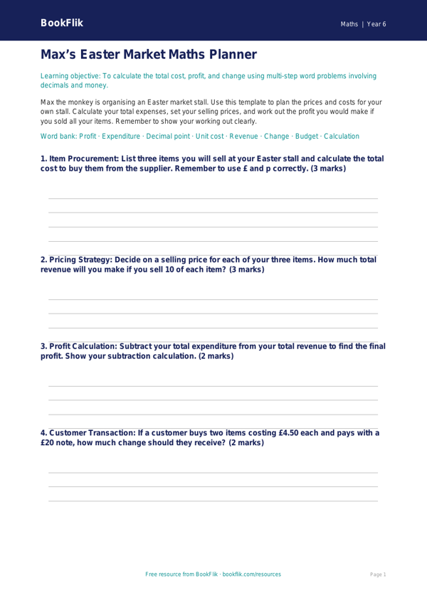 Free Easter Maths Template | Year 6 Core | BookFlik worksheet preview — Maths Easter Maths