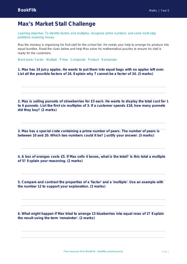 Free Factors And Multiples Activity Sheet | Year 5 Greater Depth | BookFlik worksheet preview — Maths Factors And Multiples