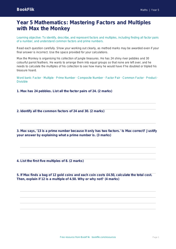 Free Factors And Multiples Assessment | Year 5 Greater Depth | BookFlik worksheet preview — Maths Factors And Multiples