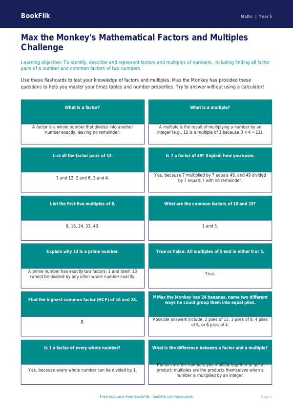 Free Factors And Multiples Flashcards | Year 5 Greater Depth | BookFlik worksheet preview — Maths Factors And Multiples