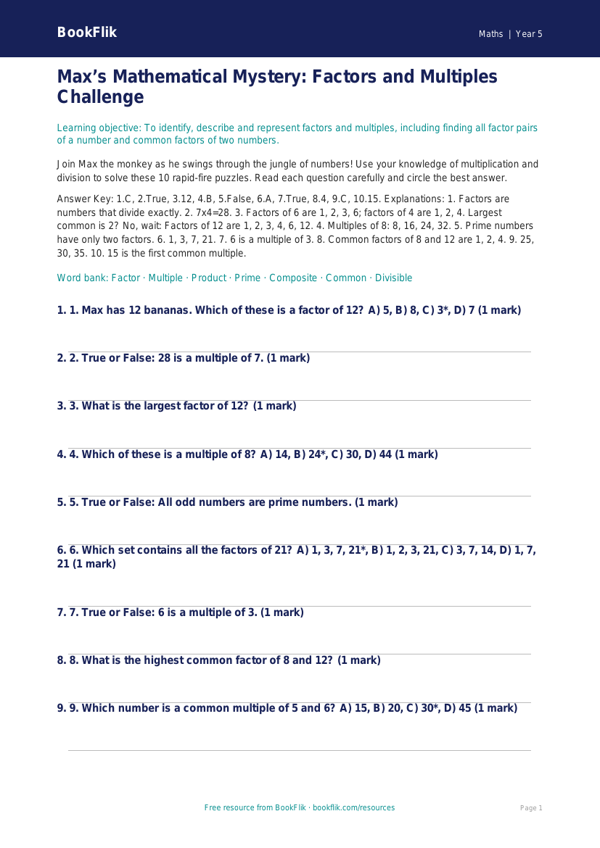 Free Factors And Multiples Quiz | Year 5 Greater Depth | BookFlik worksheet preview — Maths Factors And Multiples