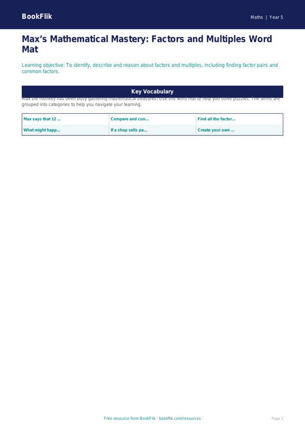 Free Factors And Multiples Word Mat | Year 5 Greater Depth | BookFlik worksheet preview — Maths Factors And Multiples