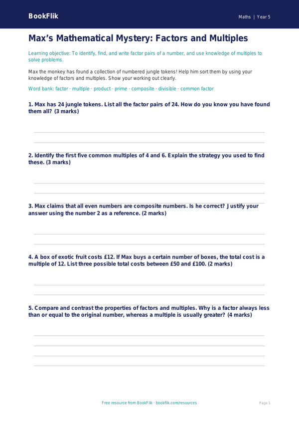 Free Factors And Multiples Worksheet | Year 5 Greater Depth | BookFlik worksheet preview — Maths Factors And Multiples