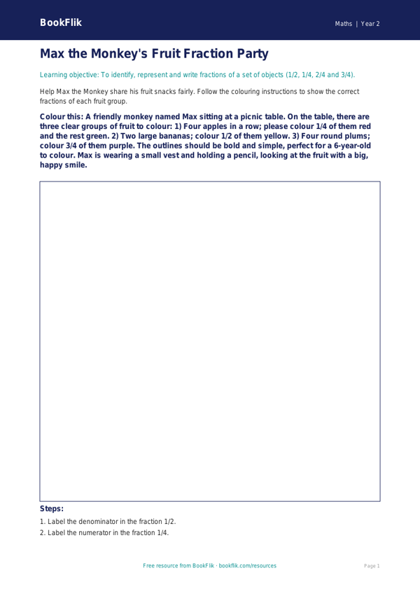 Free Fractions Colouring Page | Year 2 Core | BookFlik worksheet preview — Maths Fractions