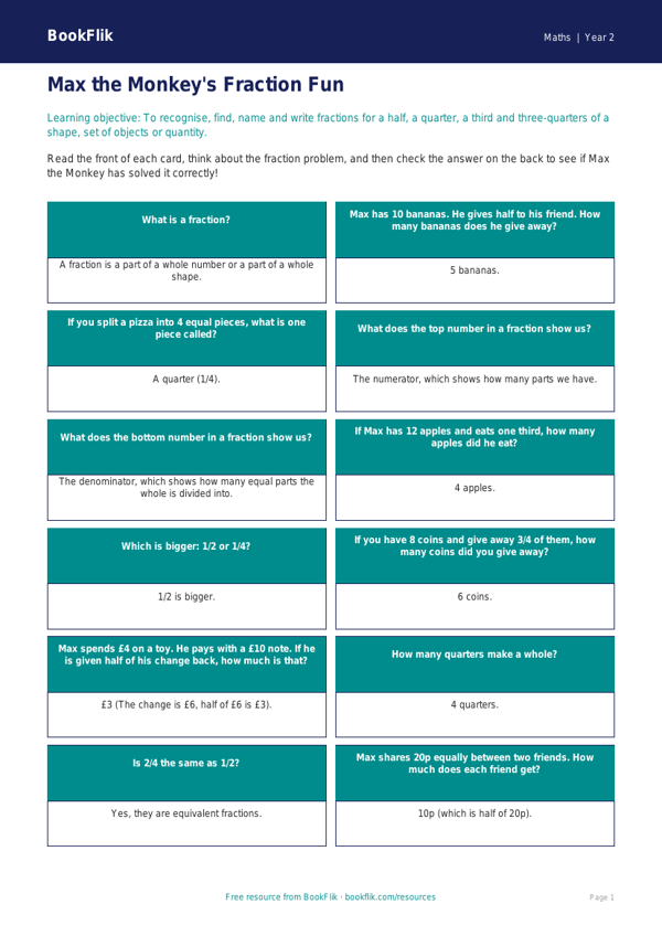 Free Fractions Flashcards | Year 2 Core | BookFlik worksheet preview — Maths Fractions