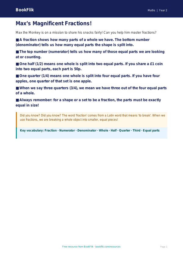 Free Fractions Poster | Year 2 Core | BookFlik worksheet preview — Maths Fractions