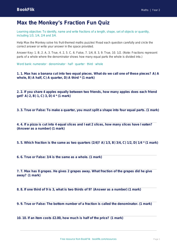 Free Fractions Quiz | Year 2 Core | BookFlik worksheet preview — Maths Fractions