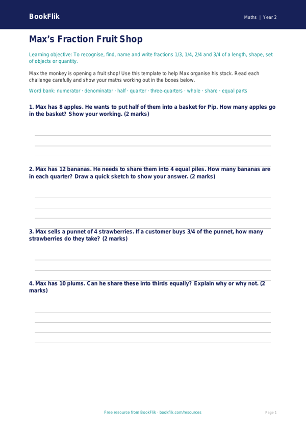 Free Fractions Template | Year 2 Core | BookFlik worksheet preview — Maths Fractions