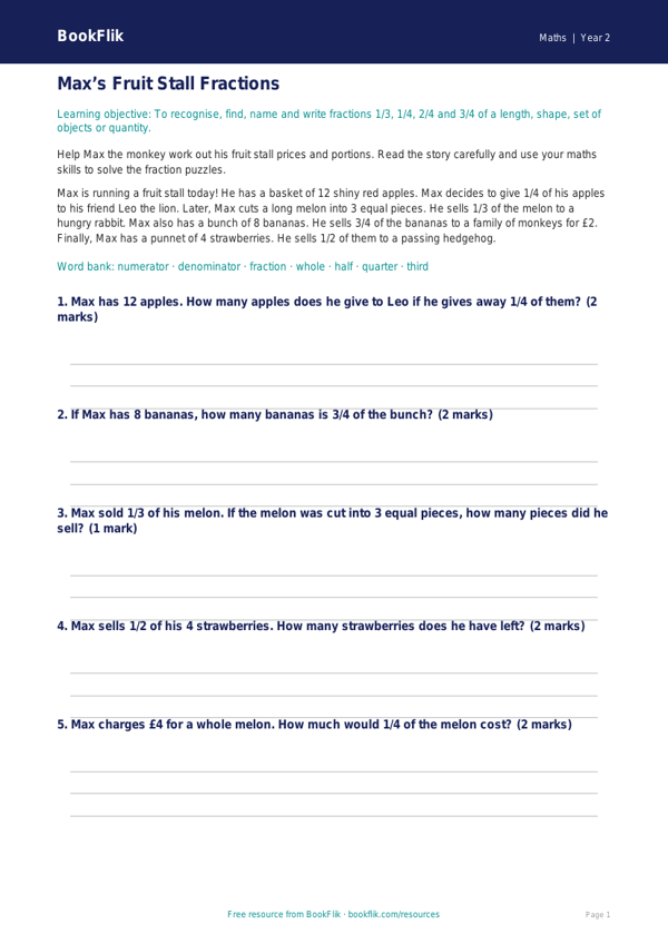 Free Fractions Track Sheet | Year 2 Core | BookFlik worksheet preview — Maths Fractions