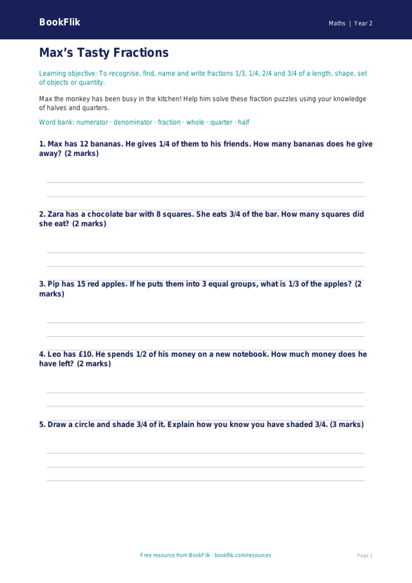 Free Fractions Worksheet | Year 2 Core | BookFlik worksheet preview — Maths Fractions