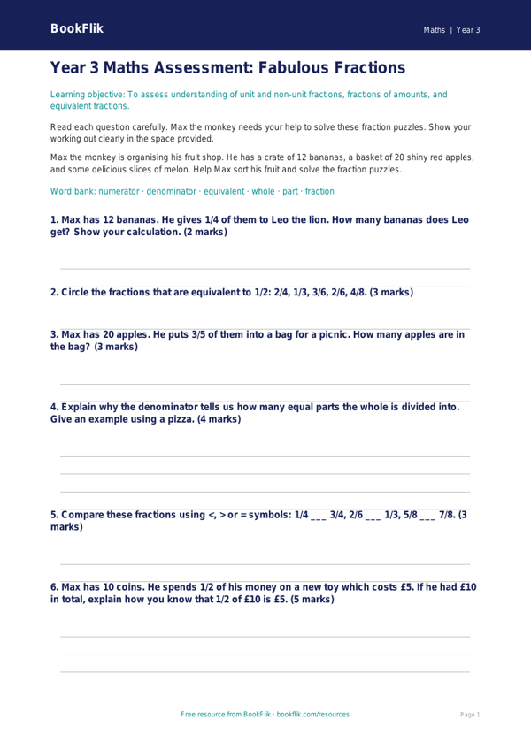 Free Fractions Assessment | Year 3 Core | BookFlik worksheet preview — Maths Fractions