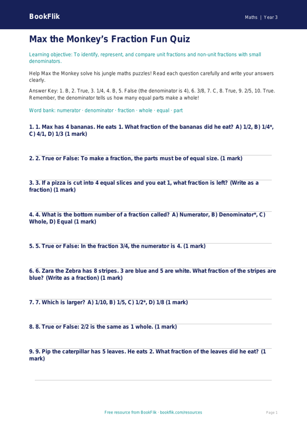 Free Fractions Quiz | Year 3 Core | BookFlik worksheet preview — Maths Fractions