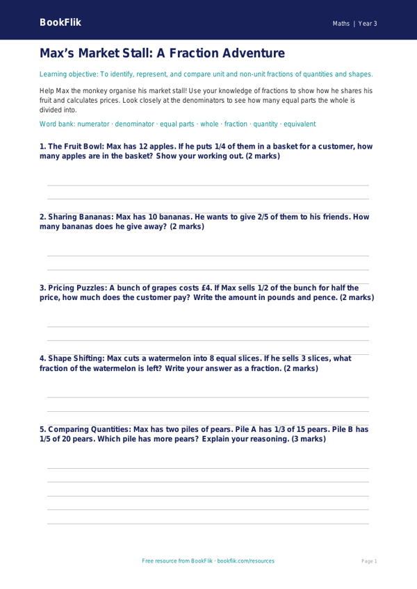 Free Fractions Template | Year 3 Core | BookFlik worksheet preview — Maths Fractions