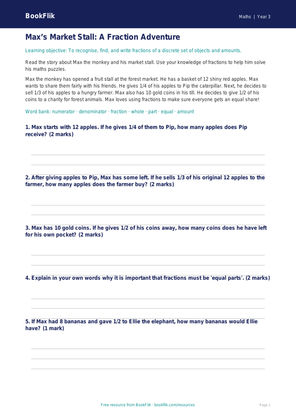 Free Fractions Track Sheet | Year 3 Core | BookFlik worksheet preview — Maths Fractions