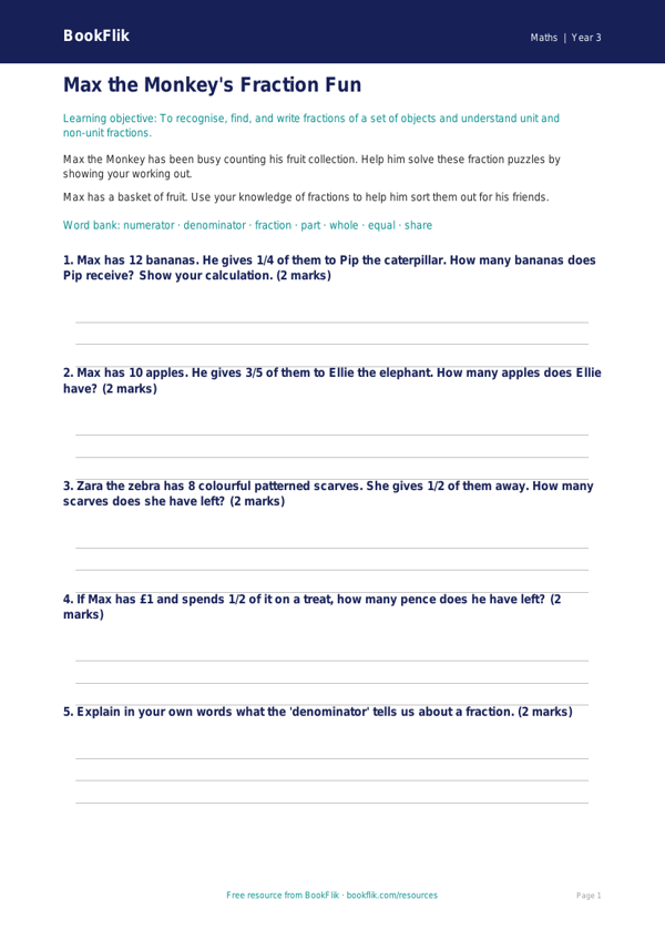 Free Fractions Worksheet | Year 3 Core | BookFlik worksheet preview — Maths Fractions