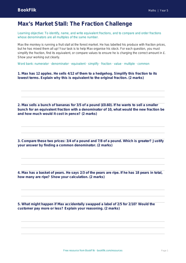 Free Fractions Activity Sheet | Year 5 Greater Depth | BookFlik worksheet preview — Maths Fractions