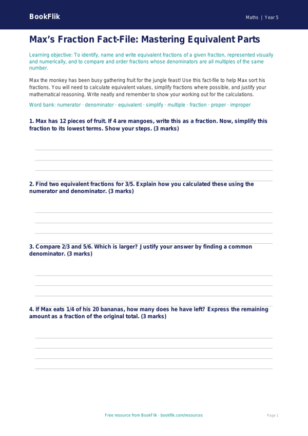Free Fractions Template | Year 5 Greater Depth | BookFlik worksheet preview — Maths Fractions