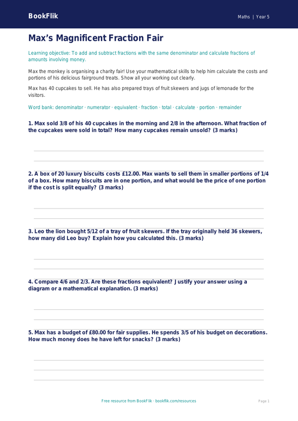 Free Fractions Worksheet | Year 5 Greater Depth | BookFlik worksheet preview — Maths Fractions