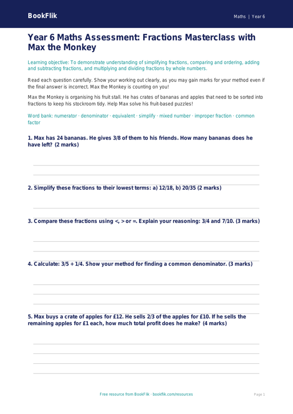 Free Fractions Assessment | Year 6 Core | BookFlik worksheet preview — Maths Fractions