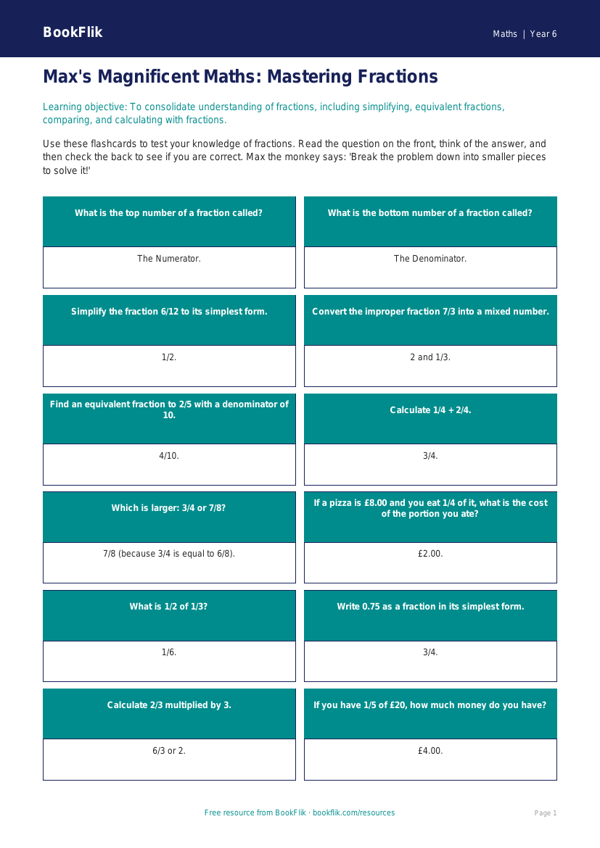Free Fractions Flashcards | Year 6 Core | BookFlik worksheet preview — Maths Fractions
