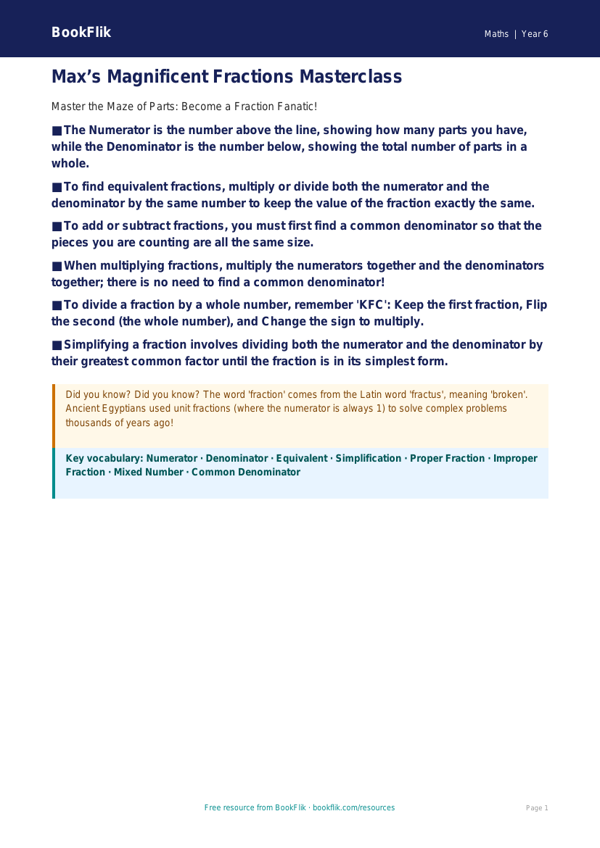 Free Fractions Poster | Year 6 Core | BookFlik worksheet preview — Maths Fractions