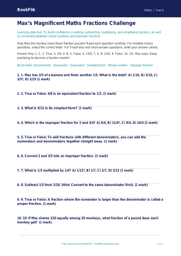 Free Fractions Quiz | Year 6 Core | BookFlik worksheet preview — Maths Fractions