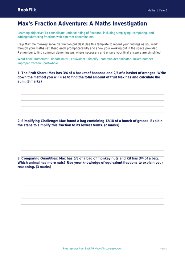 Free Fractions Template | Year 6 Core | BookFlik worksheet preview — Maths Fractions