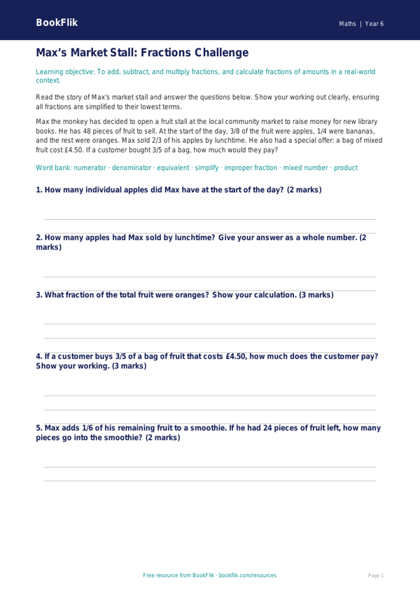 Free Fractions Track Sheet | Year 6 Core | BookFlik worksheet preview — Maths Fractions