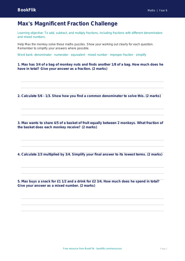 Free Fractions Worksheet | Year 6 Core | BookFlik worksheet preview — Maths Fractions