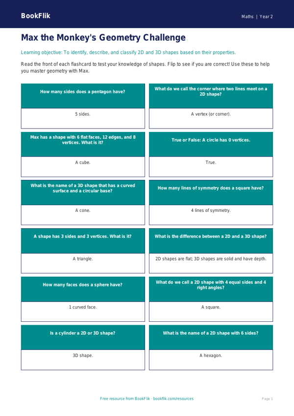 Free Geometry Flashcards | Year 2 Core | BookFlik worksheet preview — Maths Geometry