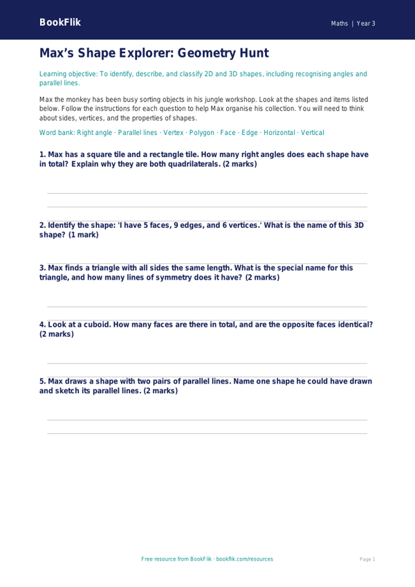 Free Geometry Activity Sheet | Year 3 Core | BookFlik worksheet preview — Maths Geometry