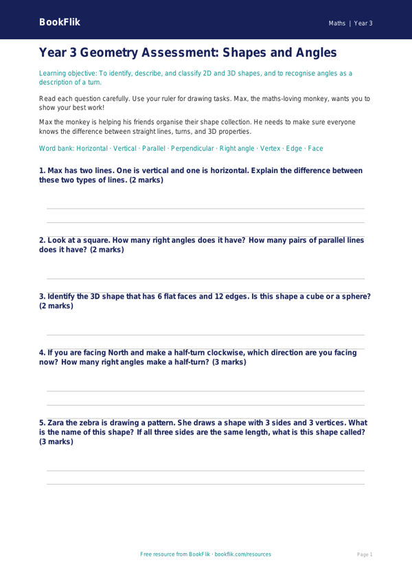 Free Geometry Assessment | Year 3 Core | BookFlik worksheet preview — Maths Geometry