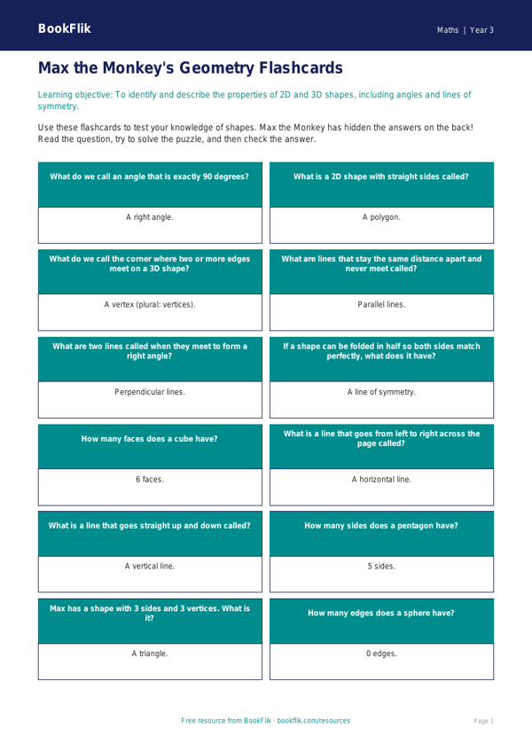 Free Geometry Flashcards | Year 3 Core | BookFlik worksheet preview — Maths Geometry
