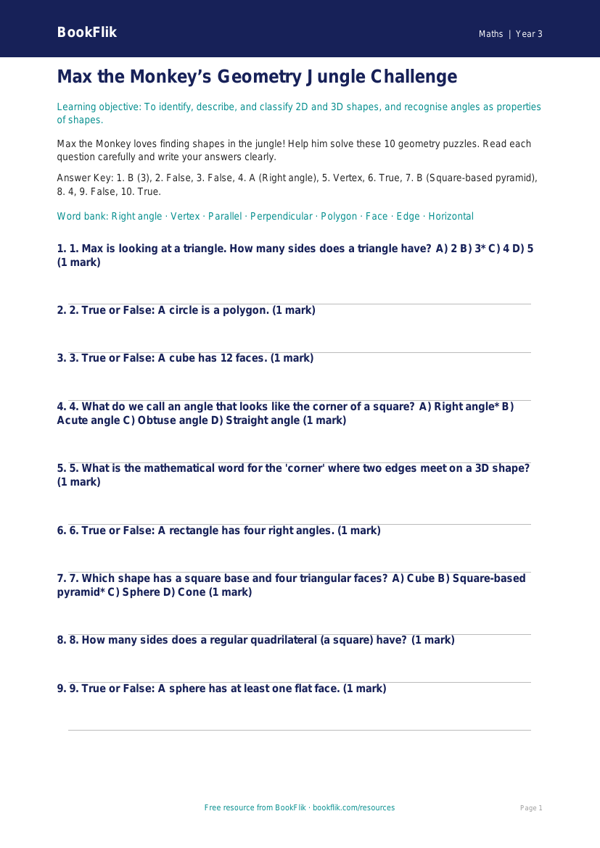 Free Geometry Quiz | Year 3 Core | BookFlik worksheet preview — Maths Geometry