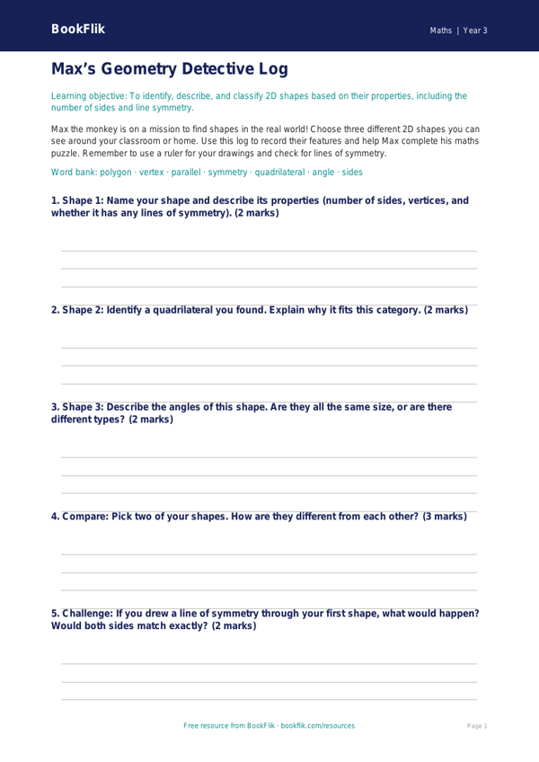 Free Geometry Template | Year 3 Core | BookFlik worksheet preview — Maths Geometry