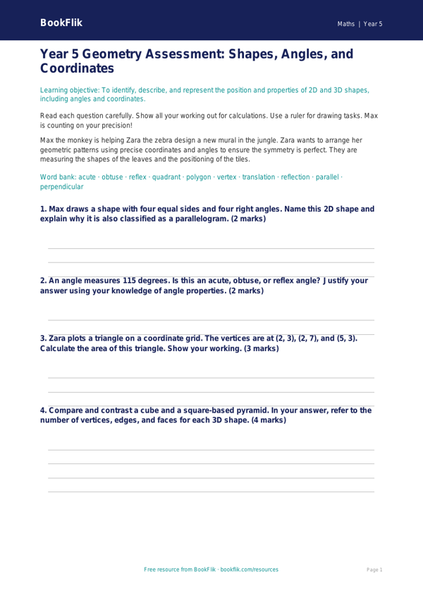 Free Geometry Assessment | Year 5 Greater Depth | BookFlik worksheet preview — Maths Geometry