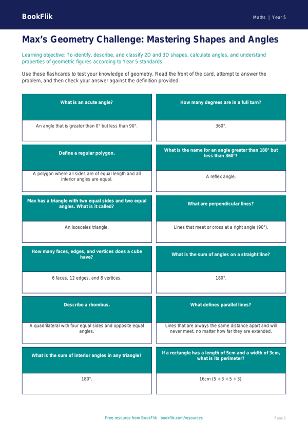 Free Geometry Flashcards | Year 5 Greater Depth | BookFlik worksheet preview — Maths Geometry