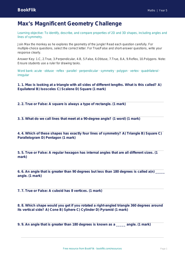 Free Geometry Quiz | Year 5 Greater Depth | BookFlik worksheet preview — Maths Geometry