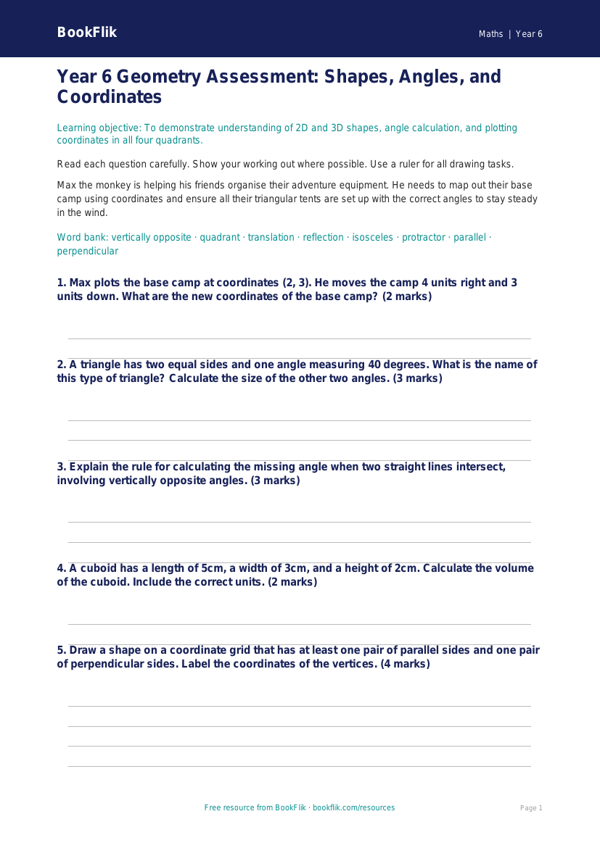 Free Geometry Assessment | Year 6 Core | BookFlik worksheet preview — Maths Geometry