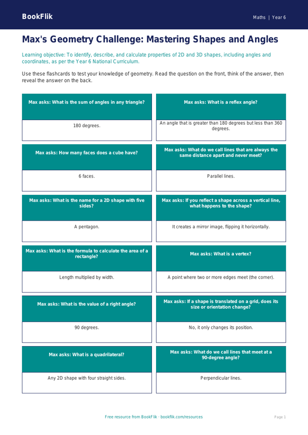 Free Geometry Flashcards | Year 6 Core | BookFlik worksheet preview — Maths Geometry