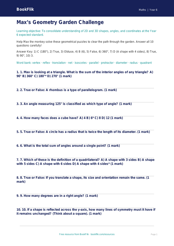 Free Geometry Quiz | Year 6 Core | BookFlik worksheet preview — Maths Geometry