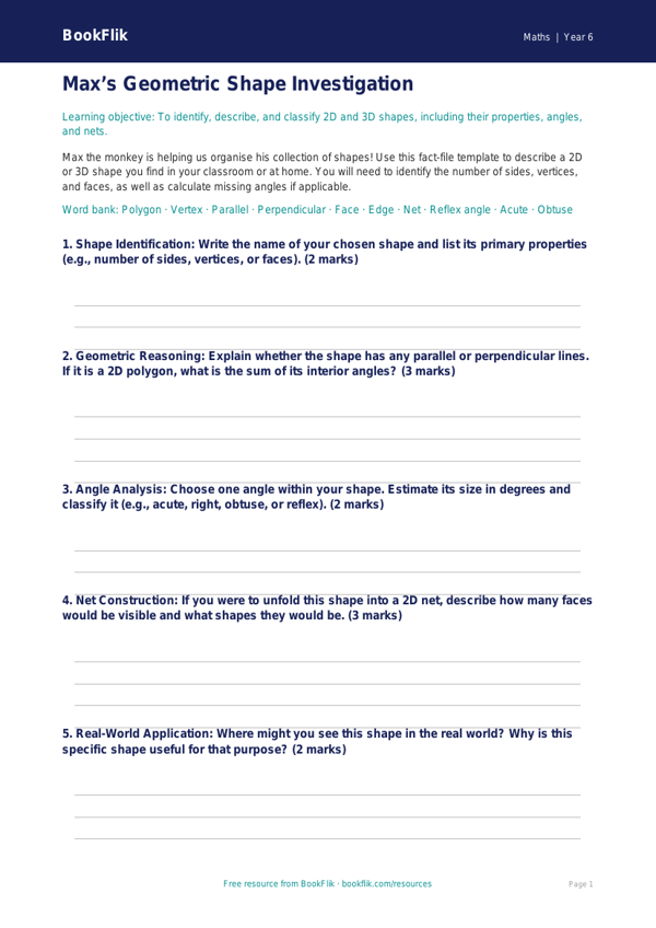 Free Geometry Template | Year 6 Core | BookFlik worksheet preview — Maths Geometry