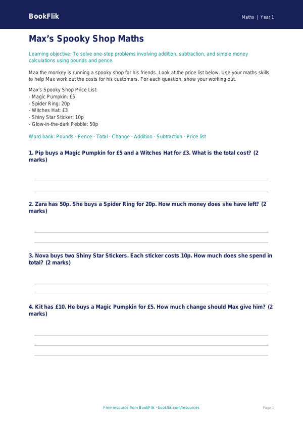 Free Halloween Maths Activity Sheet | Year 1 Core | BookFlik worksheet preview — Maths Halloween Maths