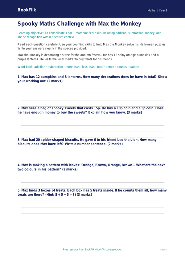Free Halloween Maths Assessment | Year 1 Core | BookFlik worksheet preview — Maths Halloween Maths