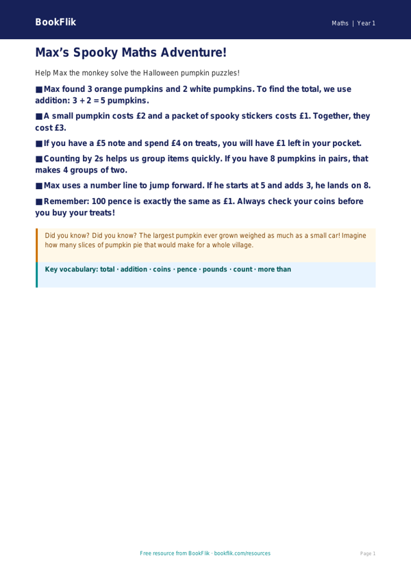 Free Halloween Maths Poster | Year 1 Core | BookFlik worksheet preview — Maths Halloween Maths