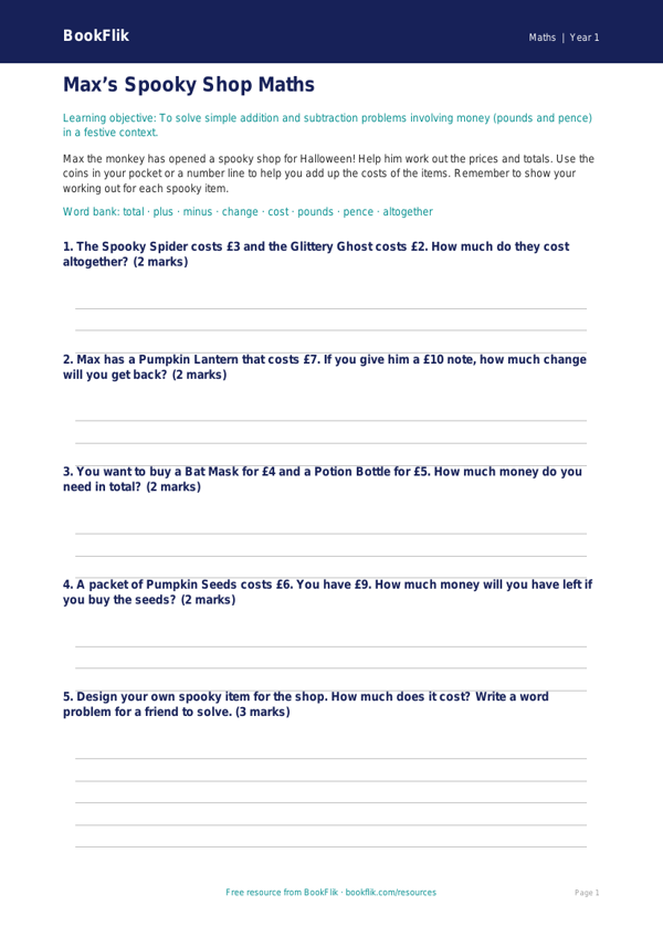 Free Halloween Maths Template | Year 1 Core | BookFlik worksheet preview — Maths Halloween Maths